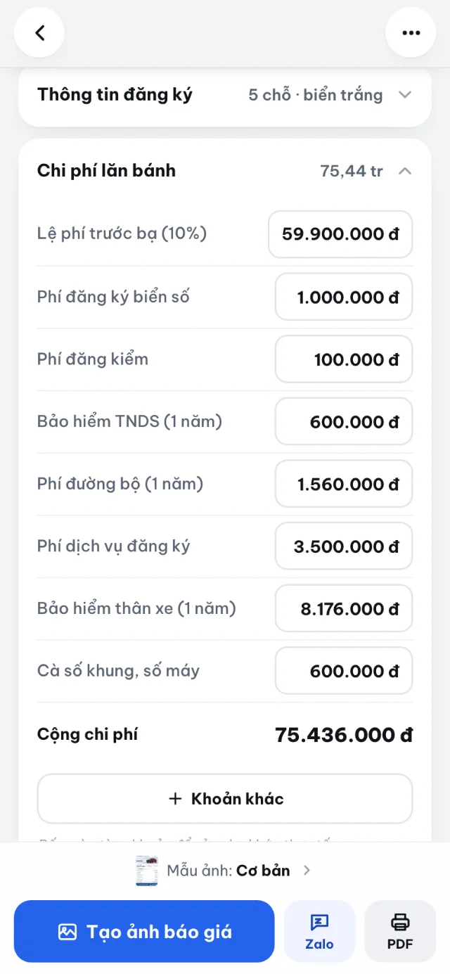 Bảng chi phí lăn bánh trong app: lệ phí trước bạ, biển số, đăng kiểm, bảo hiểm, phí đường bộ và tổng cộng