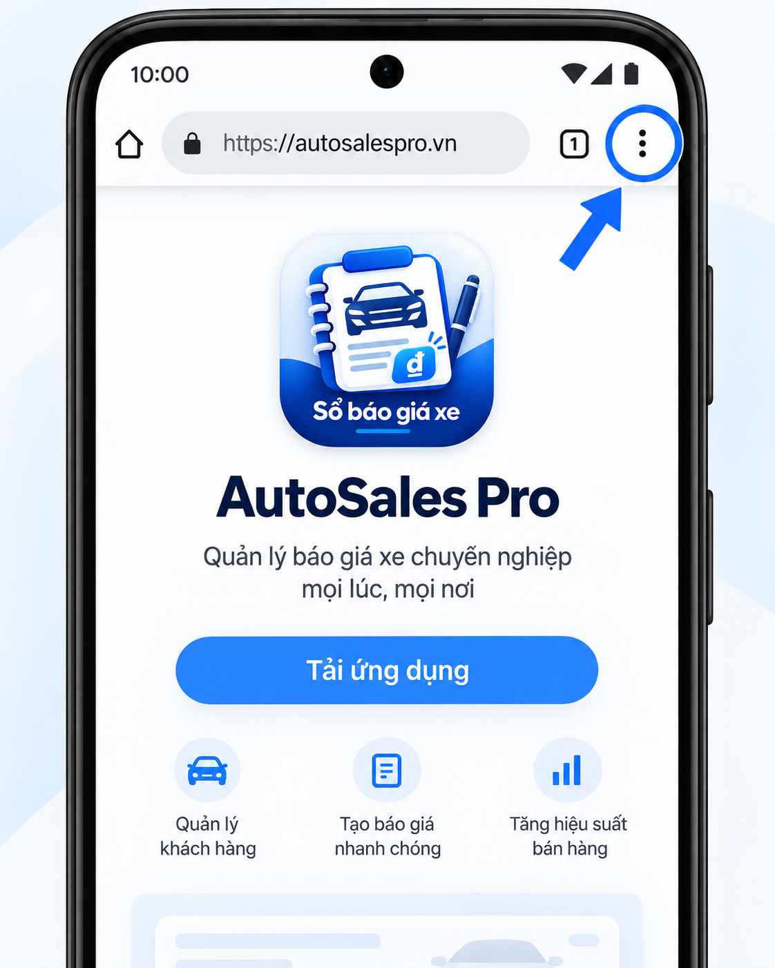 Nút menu ba chấm dọc trên Chrome Android được khoanh màu xanh